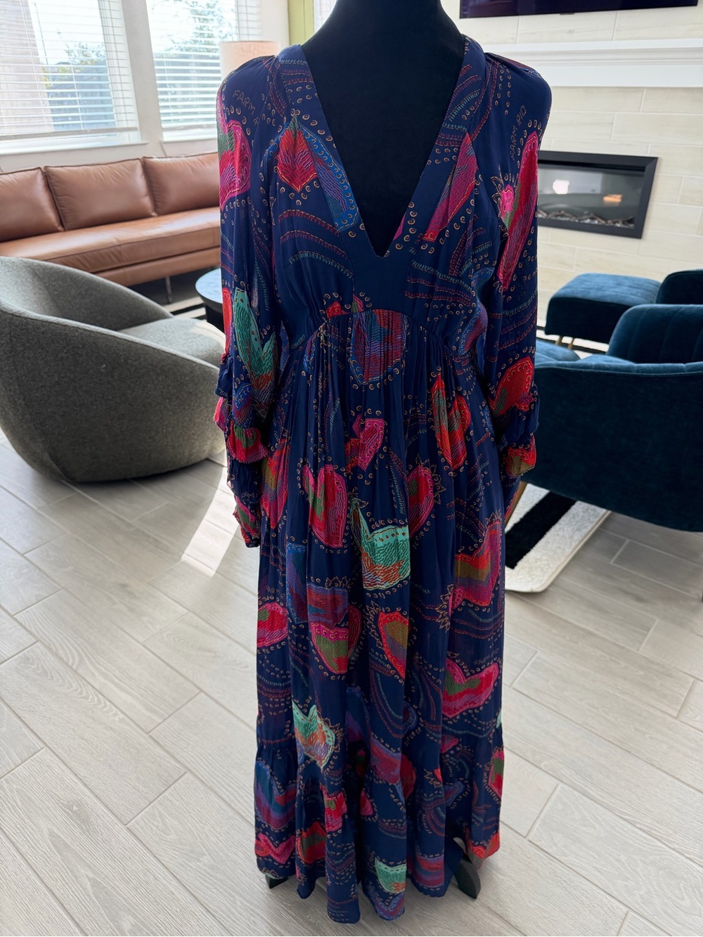 FARM RIO Blue Shiny Hearts Maxi Dress Size Medium VGUC - Picture 3 of 8